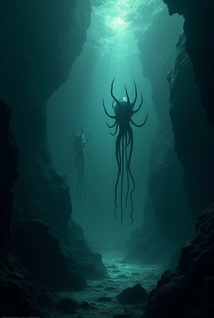 The mysterious, dark depths of the ocean with faint light filtering down from the surface, revealing strange and eerie underwater creatures.