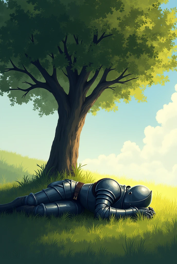 A knight in armor with his face covered fell asleep tiredly on a flat, quiet meadow under the shade of a tree., Basically, it is only shaded by one tree and there are no other trees around it. (similar to windows wallpaper)