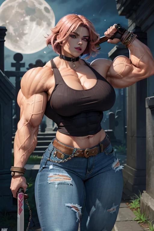 (((((Massive, beautiful, light brown skinned, buff, muscular female vampire slayer with shocking pink hair, black lipstick, ginormous bulky muscles, brandishing an ancient sword and wearing a tight tank top and tight denim pants))))), (close view), (massive muscles), massive biceps, hyper muscle shoulders, vascular shoulders, hyper muscle triceps, (angled bob cut), red eyes, (gauntlets), denim pants, chain belt, choker, thigh high heels, (in a moonlit graveyard), fingerless gloves, closed smile, night, hyper vascular arm, hyper muscles arms, hyper muscle legs, massive arms.