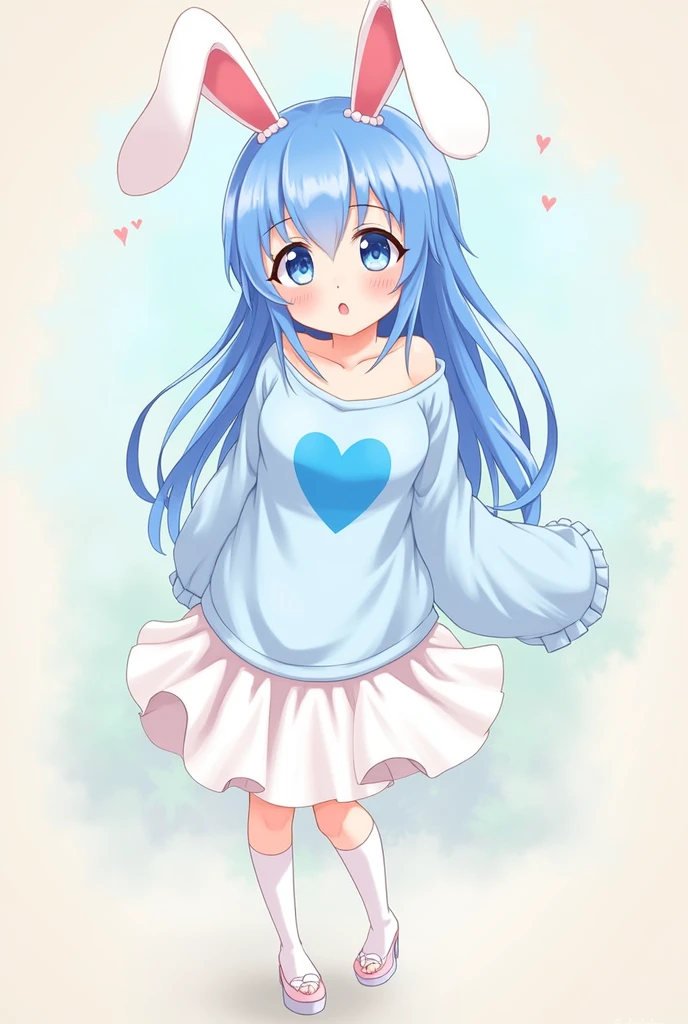 create me a picture of a big girl, and wearing a no sholder top colour light blue, and the top has a Heart on it, and she wears a white skirt till her knee, and she is wearing longg white socks. bunny like ears and she is giving a VERYYYYYYYYYYY cute pose. and think that she is the cutest girl in the universe. Anime Style. And her hair is also blue coloured and eyes also blue. Her hair's are long