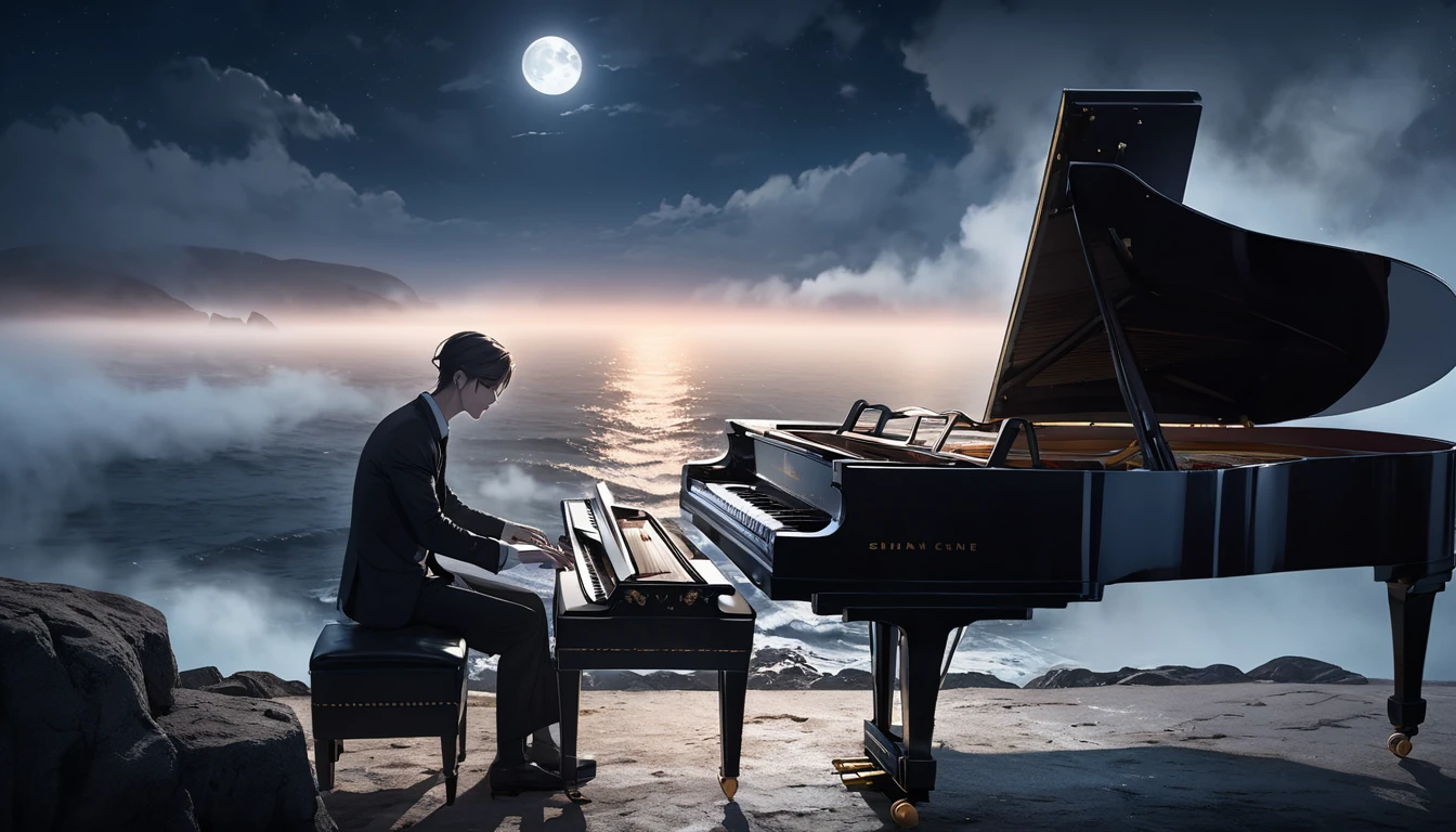 Professional photography of a Pianist playing the old piano with passion face on the cliff with an ocean background, looks very intense, the night atmosphere is lit by moonlight, fog covers the area.