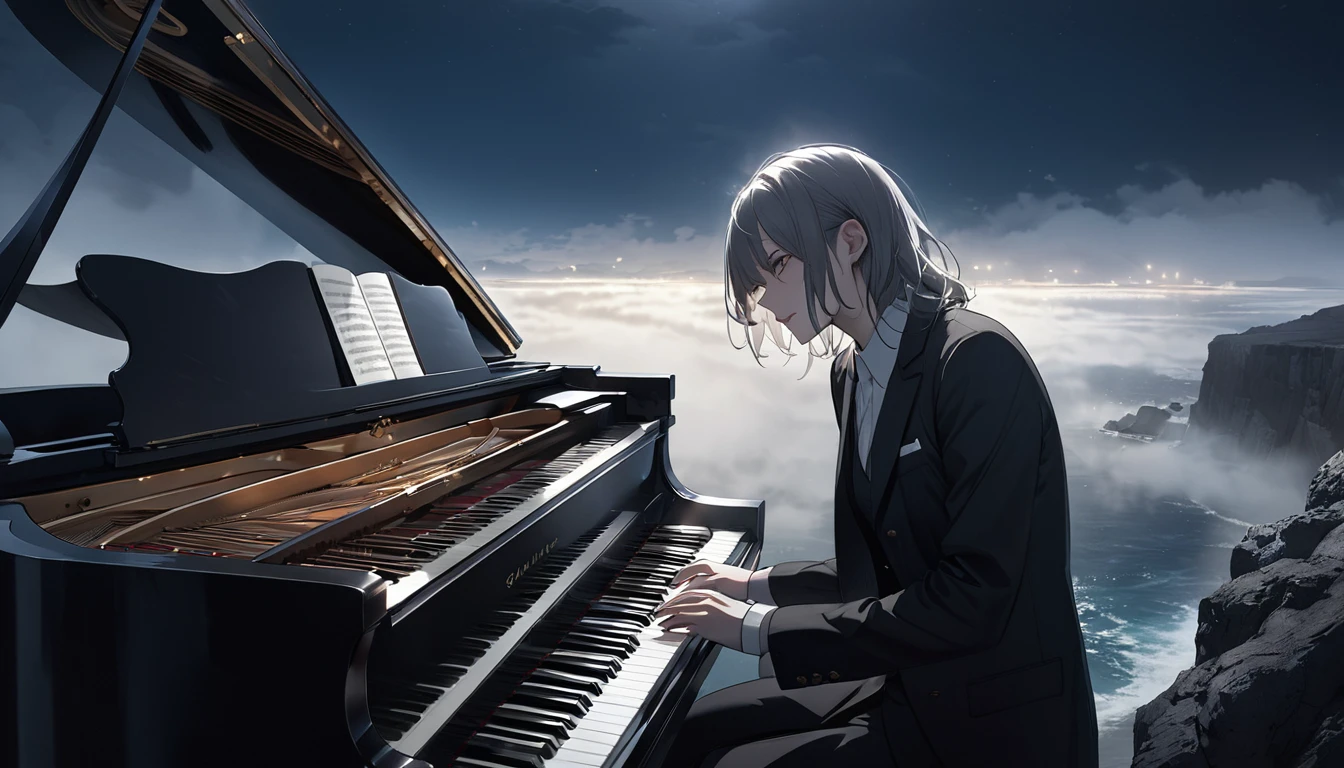Professional photography of a Pianist playing the old piano with passion face on the cliff with an ocean background, looks very intense, the night atmosphere is lit by moonlight, fog covers the area.