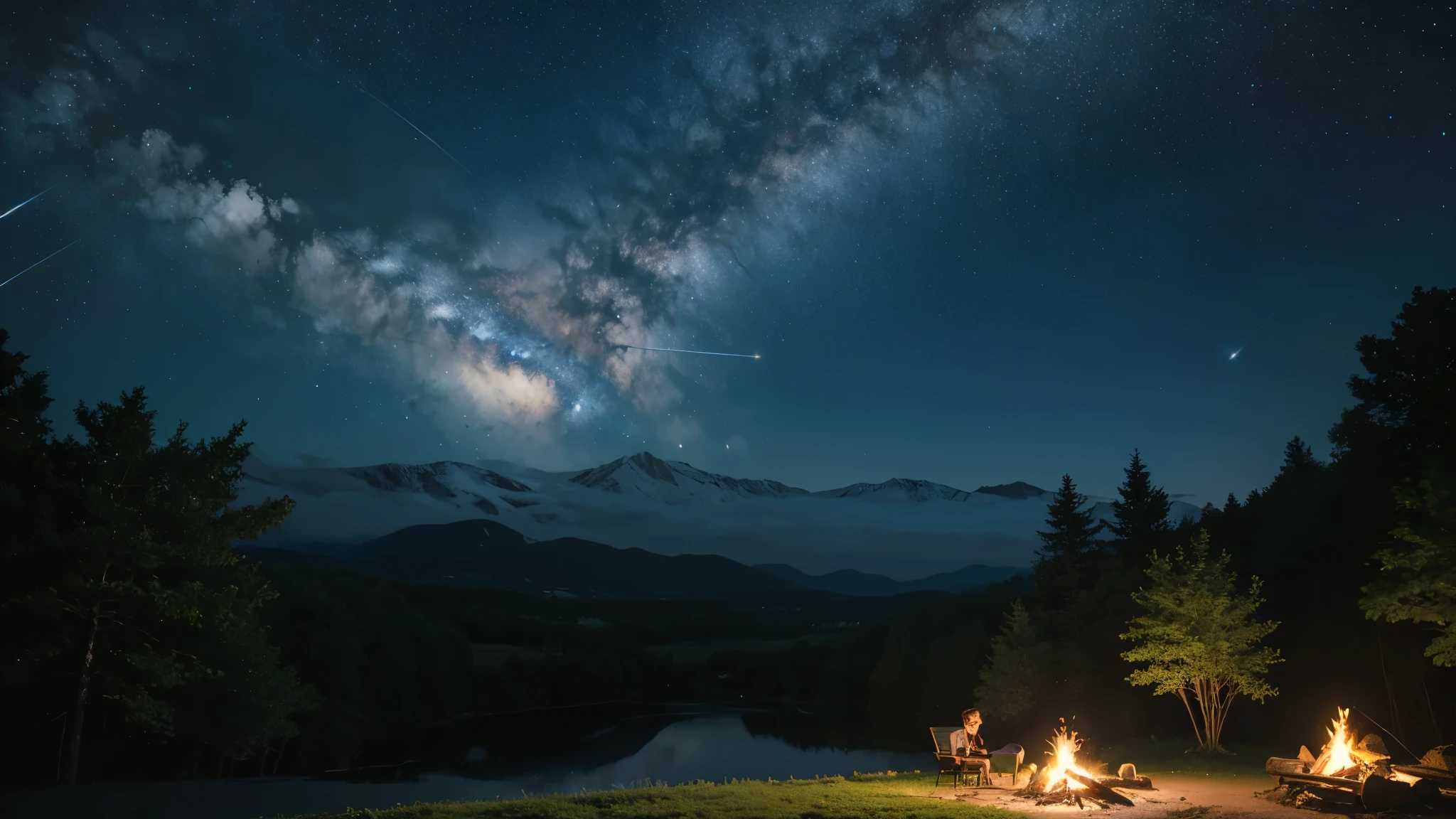landscape, summer, night, forest, Campfire in one place, unmanned, Nobody, Starry Sky, HD detailed, Super detailed, movie, Hyperrealism, Soft Light, Deep Focus Bokeh, Ray Tracing, Hyperrealism. , アートステーション pixiv Gwise, Makoto Shinkai, ArtJam