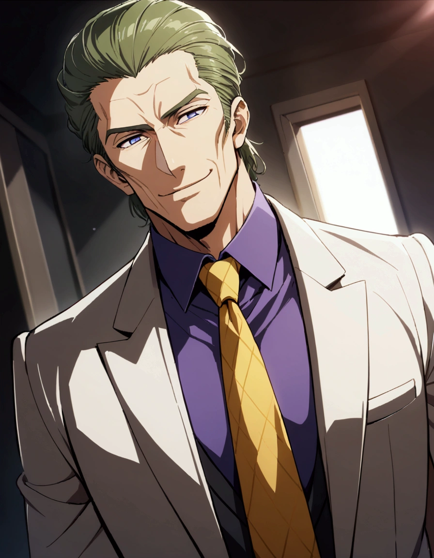 1man, (mature dad in ail-soft style, dandy president, moss olive hair, deepblue eyes, arafed spiky hair slicked back, businessman hairstyle), ideal ratio body proportions, BREAK (over 30s, elder producer, toned dilettante, high cheekbones, broad shoulder, square shaped face, handsome, beautiful detailed eyes, under 40s), BREAK (violet formal jacket, purplewhite shirt, yellow necktie, simple costume), BREAK solo, cool smile, smart emotion, BREAK upperlegs, romantic expression, 2000s, old hentai CG, in Ribahara Aki style, BREAK depth of field, dutch angle, cinematic shadows, cinematic lighting, lens flare, light leaks, texture, absurdres absolutely resolution, extreme all detailed, greatest paint, BREAK masterpiece, best quality, BREAK score_9, score_8_up, score_7_up, source_anime, rating_safe, score_6_up, score_5_up, score_4_up