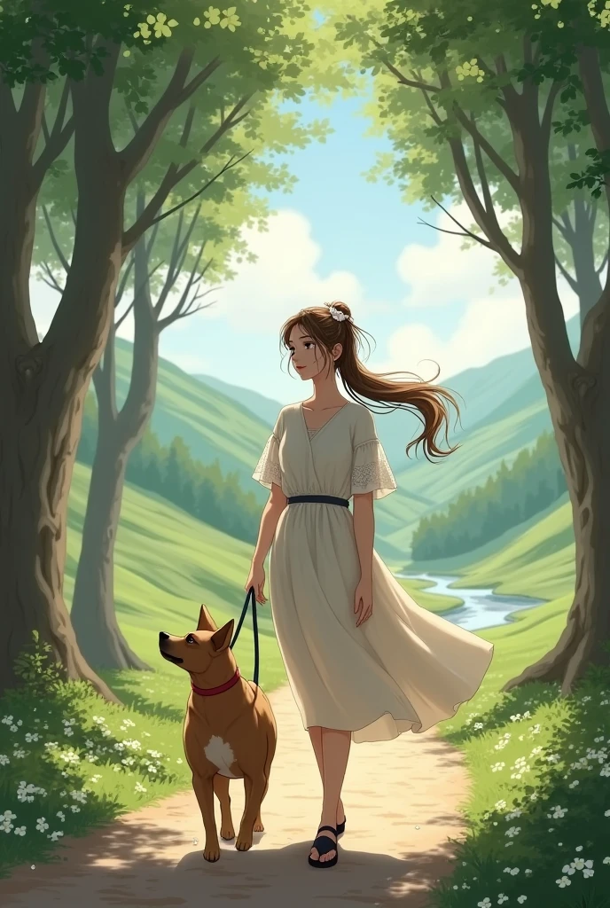 An incredibly charming carrying a backpack, accompanied by her adorable puppy, enjoying a lovely spring outing surrounded by beautiful yellow flowers and natural scenery. The illustration is in high definition at 4k resolution, with highly-detailed facial features and cartoon-style visuals, (Butterfly Dance)