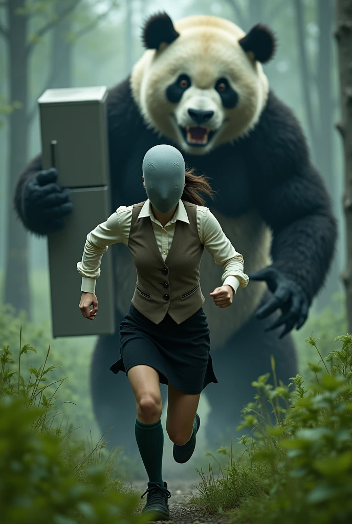 ((Highest quality)), ((Woman with a pigeon head)), ((Giant panda holds up a refrigerator with both hands)), (Angry Giant Panda), Giant panda holds up a refrigerator with both handsが後ろから追いかけてくる, A woman with a grey pigeon head is running as fast as she can to escape a giant panda, A grey pigeon-headed woman is wearing an off-white collared short-sleeved shirt, a light brown vest, a knee-length black skirt, dark green socks and black shoes., Muscular grey pigeon-headed woman, The background is a grassy forest, ((horror movie posters)),Photorealistic images,