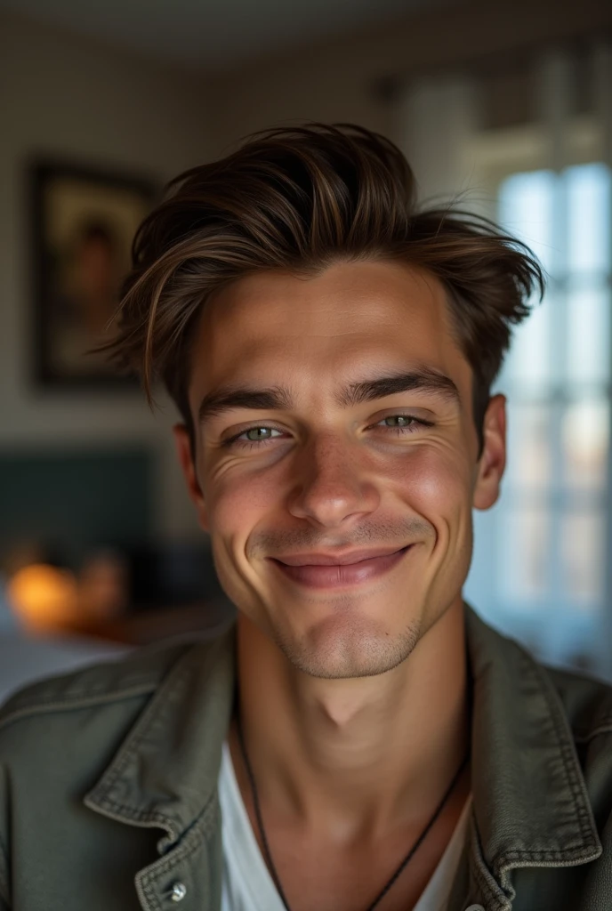 young man with brown hair smirking in his bedroom,  stock photo

