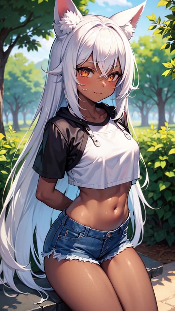 （dark skin,Silver Hair,Fox Girl）,(Perfectly detailed face),(Young) ,denim shorts, white crop top,,garden,noon,sweaty,Smirk,High resolution, masterpiece, Highest quality, High resolution
