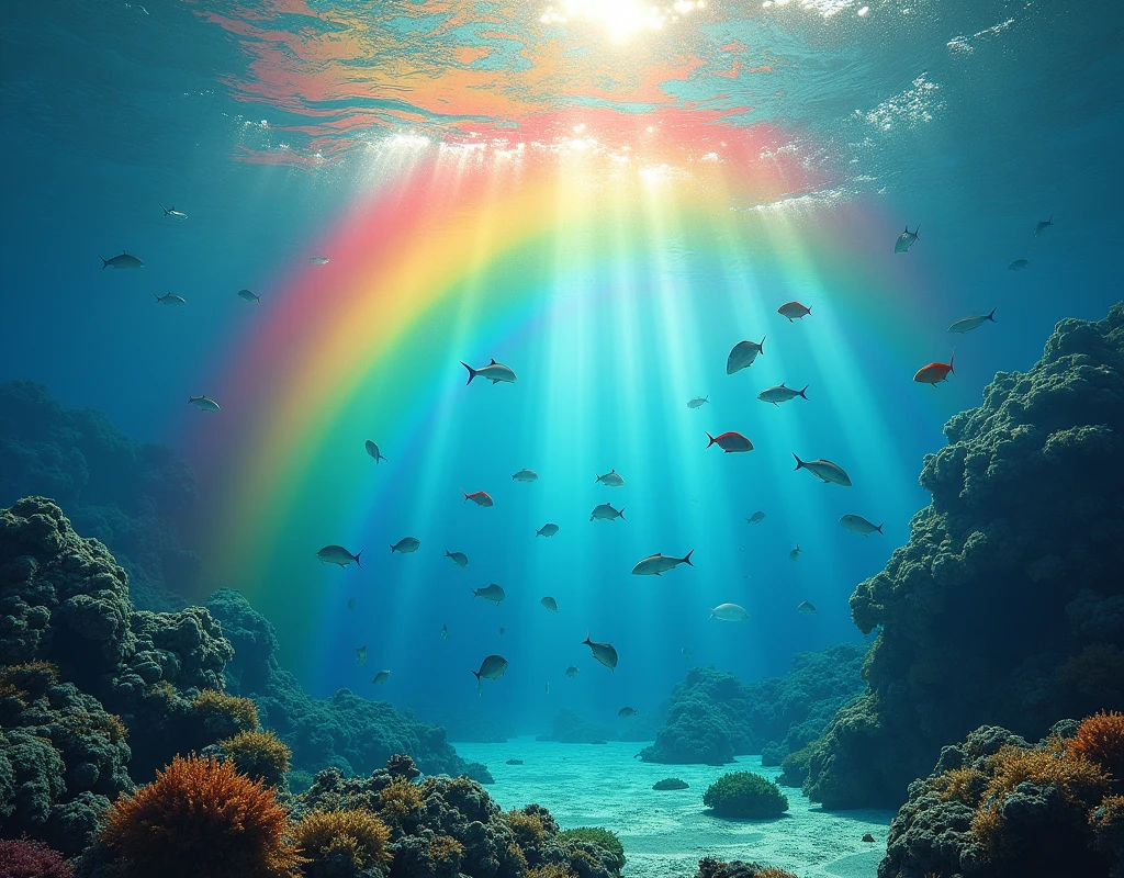 Imagine a rainbow that extends under water instead of over it.. Fish swim through their colors: red, orange, yellow, green, blue, indigo and violet.