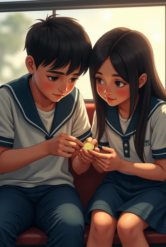 Young Peruvian boy in uniform sits next to a Peruvian girl student in school uniform on the bus looking at her coin, They are adults 