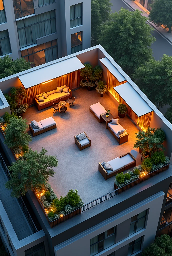 Create an isometric view of an architectural plan, a roof top in the shape of the U, a large space with lots of furniture such as: 
several chairs, several small table, a compact sofa.
vegetation: Plants in small pots, vertical planters.
Options: Ideal for an intimate and cozy space.
lightning: luces LED, light garlands, solar lamps.
Shadows: Pergolas, retractable awnings, large umbrellas.
Accessories: Outdoor stoves, portable fireplaces, music speakers.

