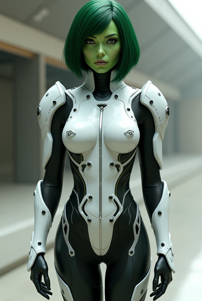 1girl, mature, alien, green skin, dark green hair, seamless bob cut, white cybernetic armor, bodysuit, black accents, uppee body shot, sci-fi, superhero, shoulder pads, waist armor