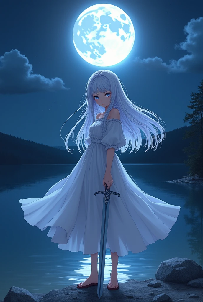 Lake reflecting the full moon A girl with long silver hair Sword in one hand Light blue eyes He silently glares at me angrily. Wearing a dress 2D illustration Pretty Girl