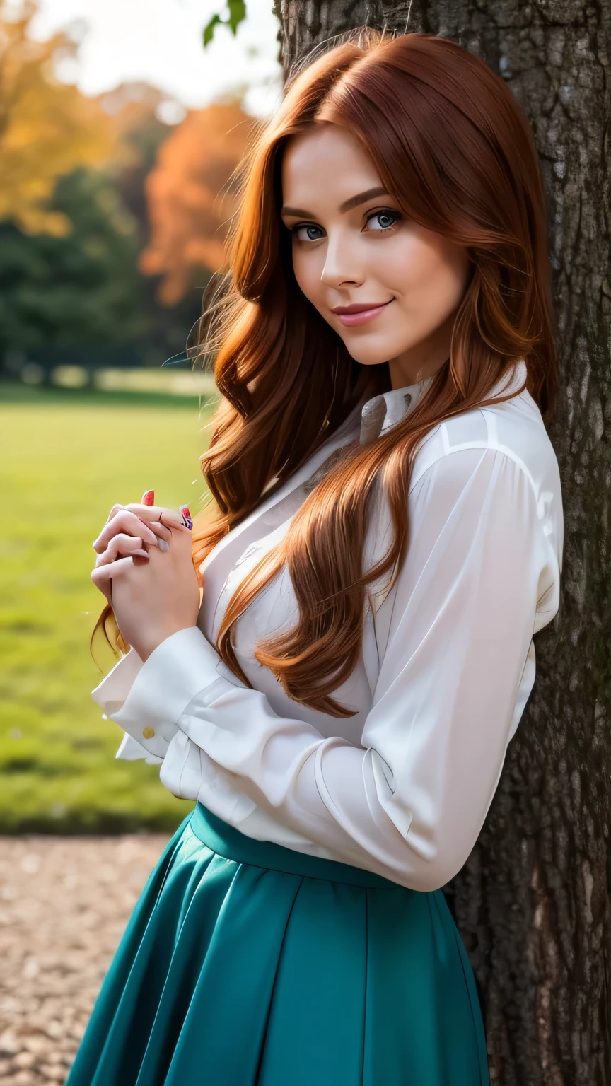 Realistic full body photo of a smiling, Young red-haired woman with long hair, She dances in front of the camera in a silk blouse with a blue skirt..., Park,glamour fotoshooting, Park, perfect anatomy, perfect green eyes. Perfect hands with 5 fingers on each hand, Matching girl, look into the camera, 1 Frau. (Eye make up:1.1), (highly detailed skin:1.1), spirit, analog style, keen focus, 8K UHD, dslr, good quality, Fujifilm XT3, Grain, Award-winning, masterpiece. Park
