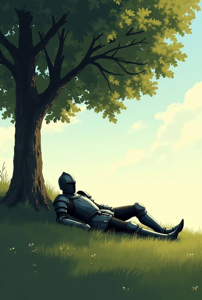 A knight in armor covered his face lying on his back tiredly on a flat, quiet meadow under the shade of a tree., Basically, it is only shaded by one tree and there are no other trees around it. (similar to windows wallpaper)
