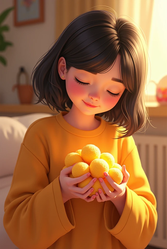 Animated mother holding small yema balls (full body)
