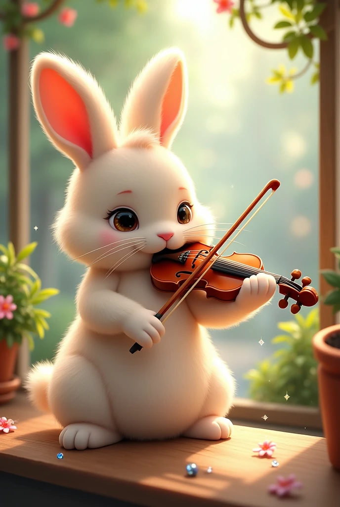 in the forest, Playing the violin, Animal rabbit, Cafe, Street view, ((1 baby rabbit:1.3)), (((There is no one:1.5))), (((People are not drawn:1.5))),Full HD, 詳細なbaby rabbit, ヴァイオリンを弾くbaby rabbitのイラスト, baby rabbit, baby, Volumetric Light, Ultra-realistic, Cute Chibi, Shallow depth of field, Pastel Color Palette, Soft lighting, Highly detailed drawing,バイオリンを弾くbaby rabbit,High Contrast,Photon Mapping,Glitter,lame,Sparkling,Flower,gem