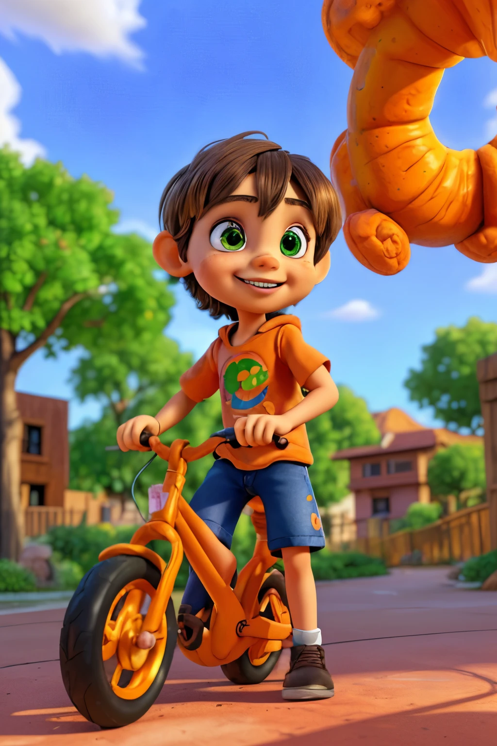 (best qualityer,4K,8k,high resolution,work of art:1.2),ultra detali,realisitic,portraite, a young boy, 6yo,beautiful detailed Brown eyes, detailed, happy in a beautiful sunny day , playing With a Orange bike, illustration style,swirly vibrant colors,warm hues,soft lighting,green garden background