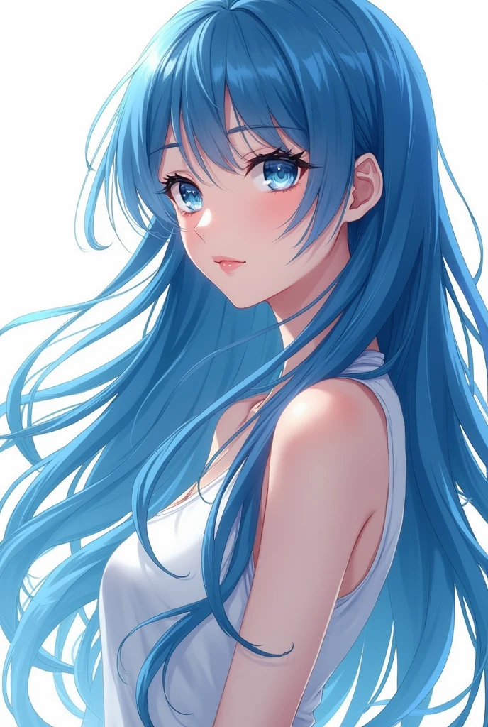 "A beautiful anime-style woman with long, flowing blue hair that shines elegantly. She has sharp, delicate facial features with almond-shaped, misty blue eyes. Her expression is confident with a slightly seductive smile, conveying intelligence and elegance. The hair moves softly, adding a dynamic and natural feel to her appearance. The background is plain white to keep the focus entirely on her."