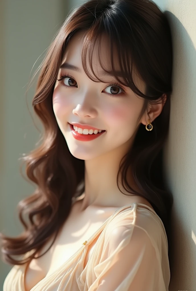 high resolution、A transparent Japanese woman、Ima-ish、Elegant、White Shirt、looking at the camera、body is angled、smile、Moist and shiny hair、Thready hair、cute、Brown Hair、Beautiful young woman who looks like a model、Leaning against a wall、Big eyes、Glossy makeup、Outline of an inverted triangle、Pulp lips、face is slanted45Every time、Straight hair that fits the face、The tips are heavy、Beige short-sleeved sheer top that covers the chest、Hide your chest、Attractive features、Big eyes、Beautiful woman、Single gold earrings、Diagonal bangs、Side-parted bangs、Beautiful like a celebrity、Smooth, straight hair、Thin bangs between the eyebrows、
