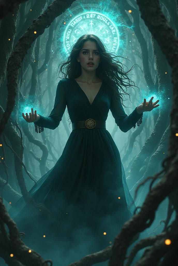 The girl caught in a magical trap, surrounded by dark energy.