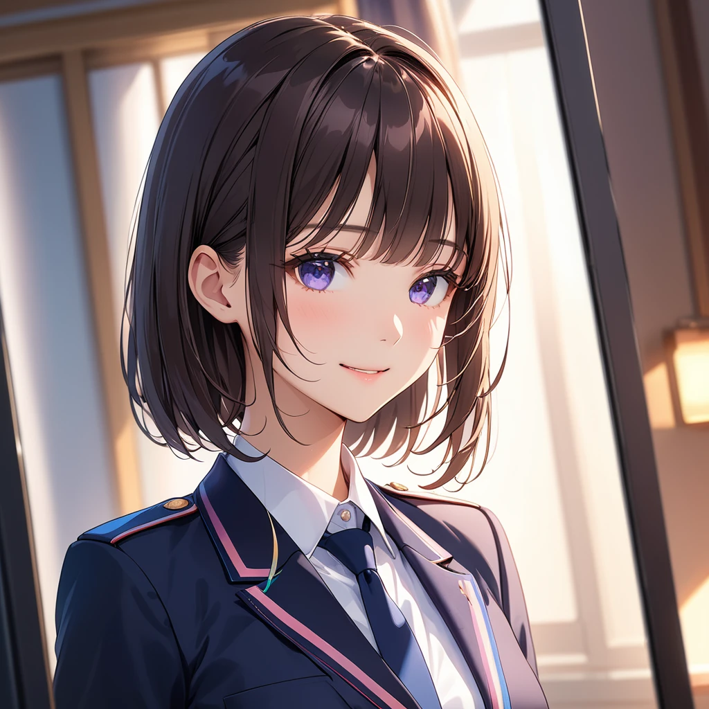 高いquality illustration, masterpiece, Very delicate and beautiful, Charm,(uniform),thin,Slender body,slim,high school ,Princess, Beautiful Eyes、smile、(masterpiece, Highest quality:1.2), High res, Very detailed CG ユニティ 8k 壁紙, Perfect lighting, colorful, Ultra-high res,4K,Very detailed, photograph, 8k, High resolution,Close-up of face