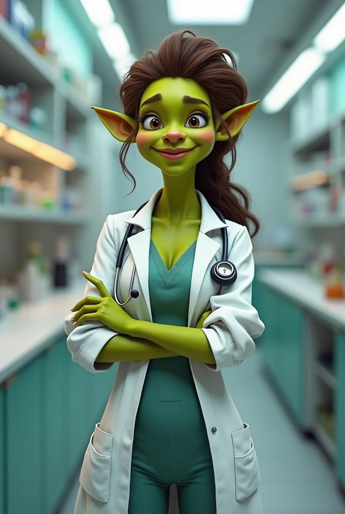 Fiona from the Shrek movie, in the form of an ogre, but in a lab coat, stethoscope dressed as a doctor. but pretty and not so fat