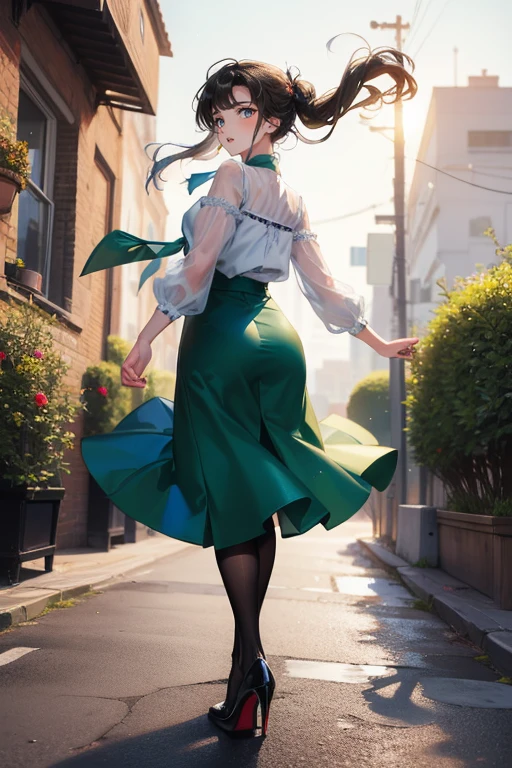 Top Quality, 1girl, full body, from behind,(Hollow skin), (day), bright, blur background, outdoors, (Street:0.6), (hair:1.5), black hair, (Blouse:1.5), maxi green skirt with tights, louboutin high heels ,superb, (Hair flotation:1.5), soft light, wind, garden, Street
