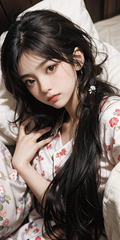 Lying on the bed face down、Pretty girl staring at you, 3, Realistic, she is wearing shorts, She is wearing floral pajamas, short hair.Shoulder Bare
