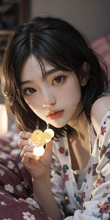 Lying on the bed face down、Pretty girl staring at you, 3, Realistic, she is wearing shorts, She is wearing floral pajamas, short hair.Shoulder Bare