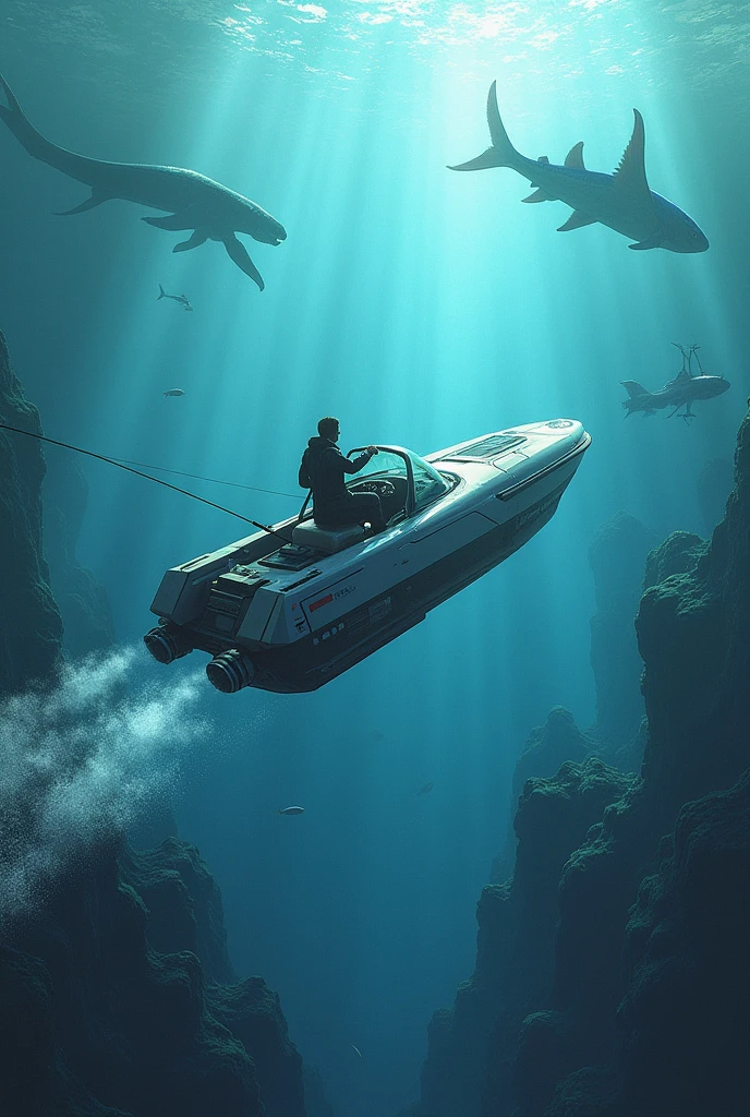 A boat with a fisherman and underwater several fish and sea monsters in sight, futuristic art