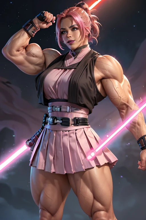 ((((Massive, tall, beautiful, buff, muscular light brown skinned female Jedi with shocking pink hair, black lipstick, ginormous bulky muscles, holding a lightsaber and wearing an all pink Jedi outfit and pleated skirt)))), (close view), black eyeliner, massive muscles, massive biceps, hyper muscle triceps, (angled bob cut), red eyes, Jedi boots, In space, Jedi outfit, nighttime, confident smile, (hyper muscles arms), hyper muscle legs, (ginormous arms)