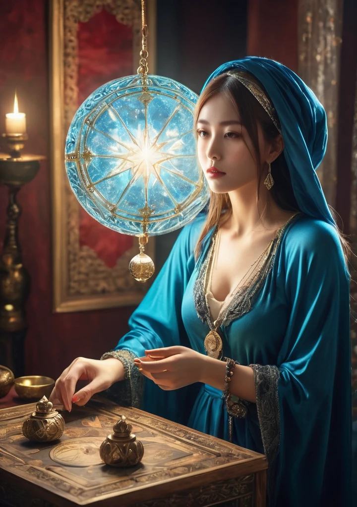 Overall body orientation: frontal. Female fortune teller. Charming, beautiful and mysterious. She wears a blue cloak over her head and has a clear face. The background is bright and glittering. The atmosphere is full of anxiety and anticipation. The fortuneteller is standing. He holds a crystal ball in each hand. The lighting in the room is bright, creating a fantastic atmosphere. Top image quality, 4K or 8K resolution. The level of detail is very fine and photorealistic. Artistic style should reflect the aesthetic of the formula with bright colors and strong contrasts. The color palette should emphasize the mysterious and mystical theme of the piece. The fortune teller's cloak is decorated with metal trim and intricate designs, with a thickness ratio of 1.5 The overall mood is stellar and fantastical. The fortune teller's expression should evoke mystical interest. There is no one there but the fortune teller.