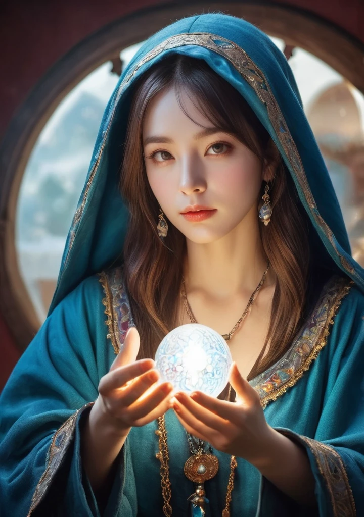 Overall body orientation: frontal. Female fortune teller. Charming, beautiful and mysterious. She wears a blue cloak over her head and has a clear face. The background is bright and glittering. The atmosphere is full of anxiety and anticipation. The fortuneteller is standing. He holds a crystal ball in each hand. The lighting in the room is bright, creating a fantastic atmosphere. Top image quality, 4K or 8K resolution. The level of detail is very fine and photorealistic. Artistic style should reflect the aesthetic of the formula with bright colors and strong contrasts. The color palette should emphasize the mysterious and mystical theme of the piece. The fortune teller's cloak is decorated with metal trim and intricate designs, with a thickness ratio of 1.5 The overall mood is stellar and fantastical. The fortune teller's expression should evoke mystical interest. There is no one there but the fortune teller.