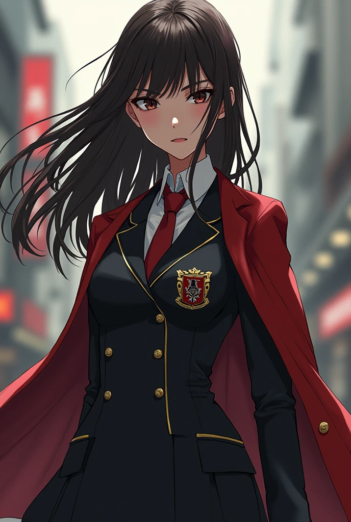 Tokyo Revenger style, a young girl, king, slim, long dark brown hair without bangs, dark brown eyes , Tomas uniform