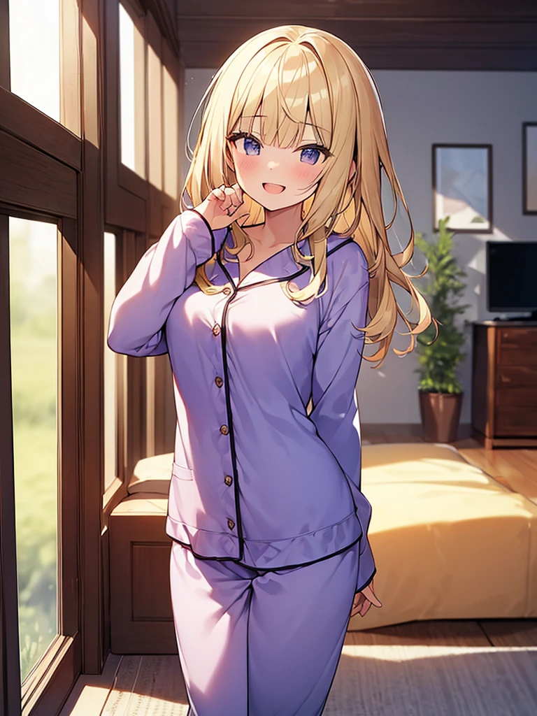 (Masterpiece, Top quality:1.5), full body, (1 beautiful girl, solo:1.2), (short height:1.2), (Fleece pajama set:1.3), Blonde hair:1.1, medium Hair, wavy Hair, asymmetry bangs, swept bangs, airy hair, (large breasts:1.1), smile:1.3, blush:1.2, beautiful scene of living room, magnificent panorama view, blurry background, open mouth, dynamic pose, dynamic angle
