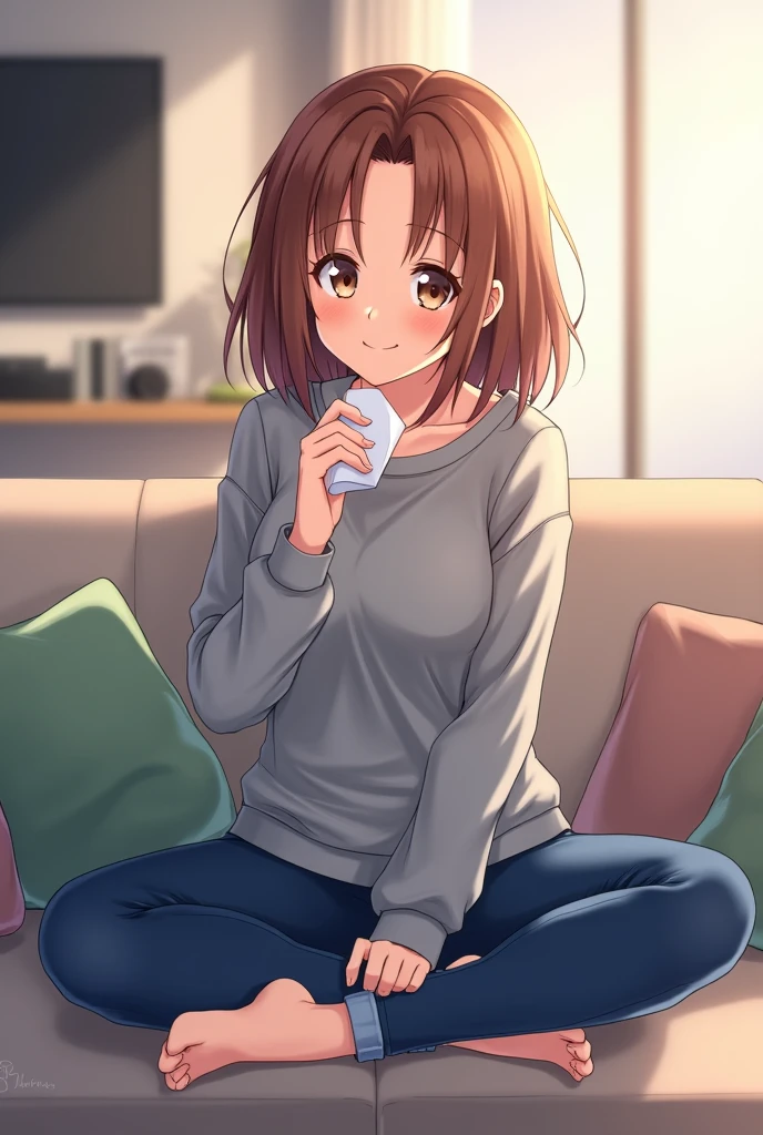 bell, アニメ, chestnut hair, medium breasts, eyes browns, drlight smile, jeans, tissue, gray sweatshirt, blue pants, sitting down, cross-legged, Inside a smart home, sitting down on the couch, Asada Shino&#39;s face, アニメ Espada Arte Online, best qualityer