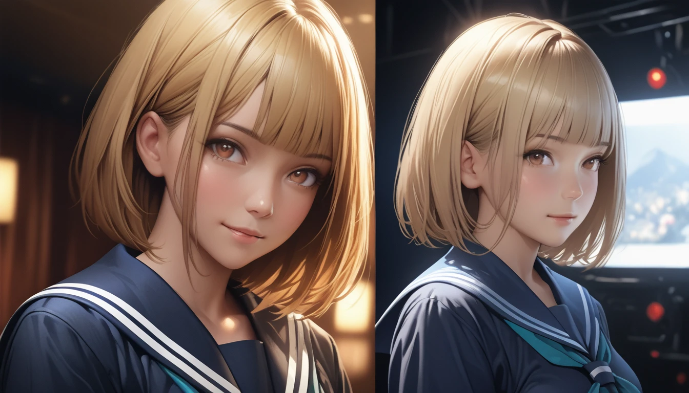 (masterpiece:1.2, Highest quality), (Realistic, photoRealistic:1.4), Beautiful illustrations, (Natural Side Lighting, Cinema Lighting), View your viewers, Cowboy Shot, Front view:0.6, 1 person, Japanese, Junior high school girl, , Perfect Face, cute and symmetrical face, Glowing Skin, (short hair, Bobcut, Blonde), Blunt bangs, Dark brown eyes, Long eyelashes, (Large Breasts:0.5), Beautiful Hair, Beautiful Face, Beautiful attention to detail, Beautiful clavicle, Beautiful body, Beautiful breasts, Beautiful thighs, Beautiful feet, Beautiful fingers, ((Detailed cloth texture, long sleeves navy cute sailor suit, Navy Pleated Skirt, Navy sailor collar, Green sailor scarf)), (Beautiful views), evening, River side, Are standing, (cute, Cute smile, Upward glance, Open your mouth),