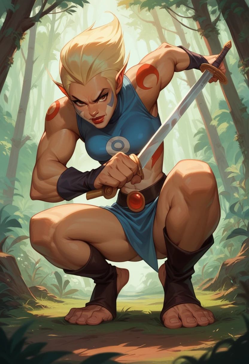 cheetarahot, red lips, Blonde, squat, in a forest, dynamic pose, holding the sword of omen from Thundercats