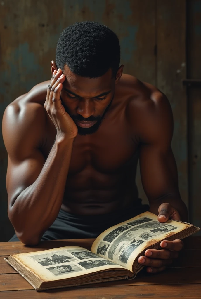 Dark-skinned, not-so-muscular athlete sits at the table and sees a photo album which he takes out to look at 