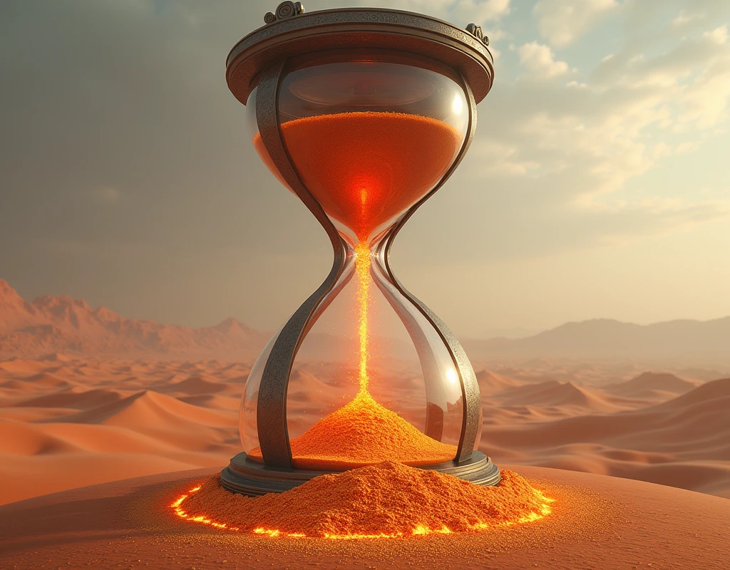 A giant hourglass in the desert, with burning sand flowing from one half to the other. The grains of sand are red, oranges and golds