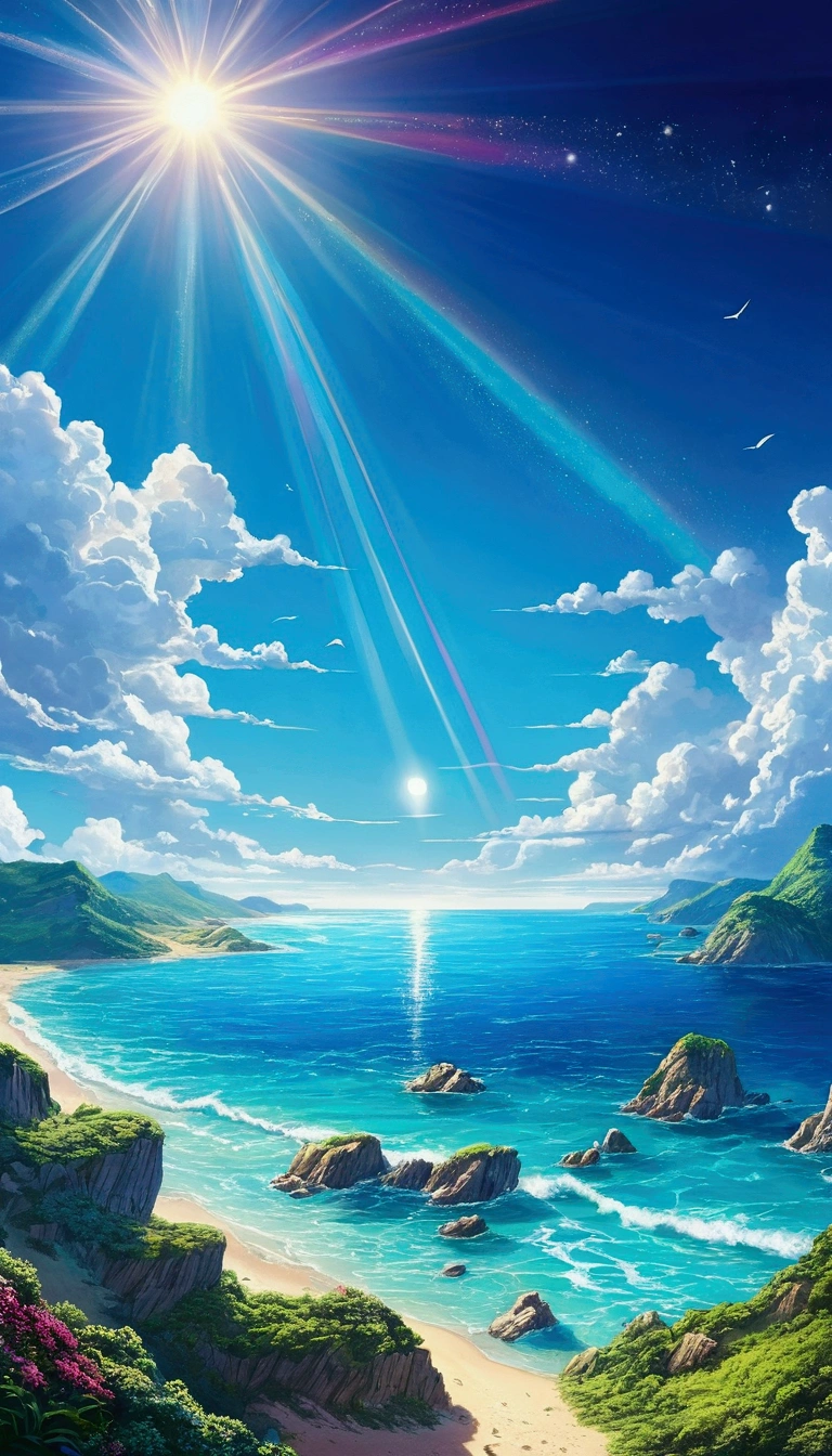 Faraway view、landscapes、vanishing point、Outrageous resolution、hight resolution、ultra-detailliert、The upper half shows the universe、Below is the sea、Bright atmosphere、Fantasia、magia、Mare、Daylight hours、clean blue sky、sunlight shining、prisma、beautiful  lighting、Bright lighting、Soft lighting、Lots of shining magic light、Iridescent light
