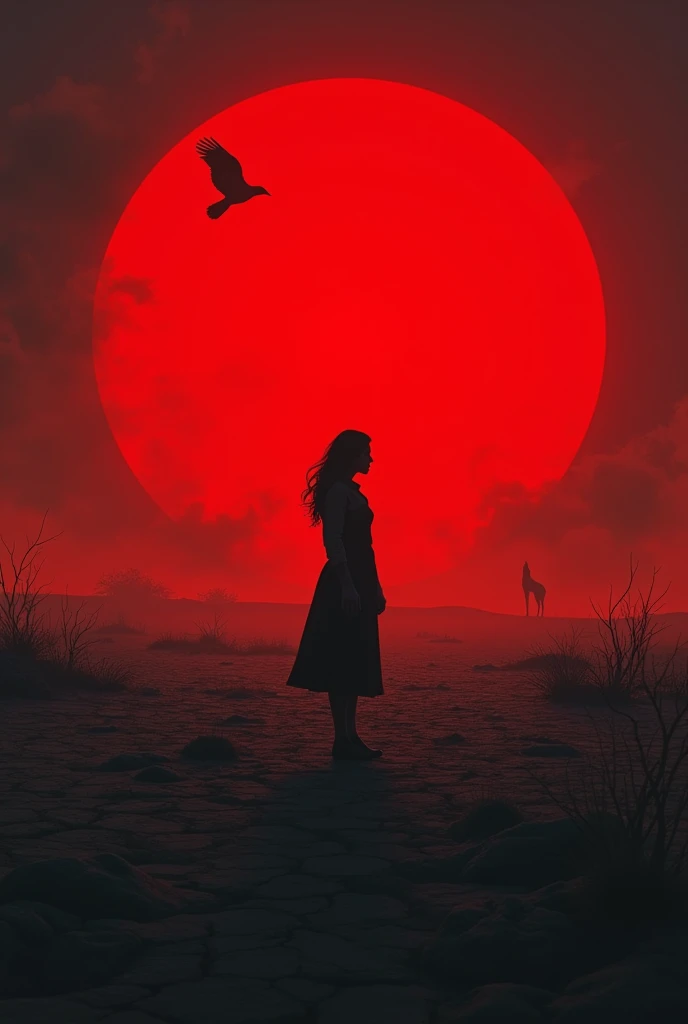 Scarlet sunset. in the middle of a dead field there stands a woman. black eagle in the sky. a jackal howls in the distance