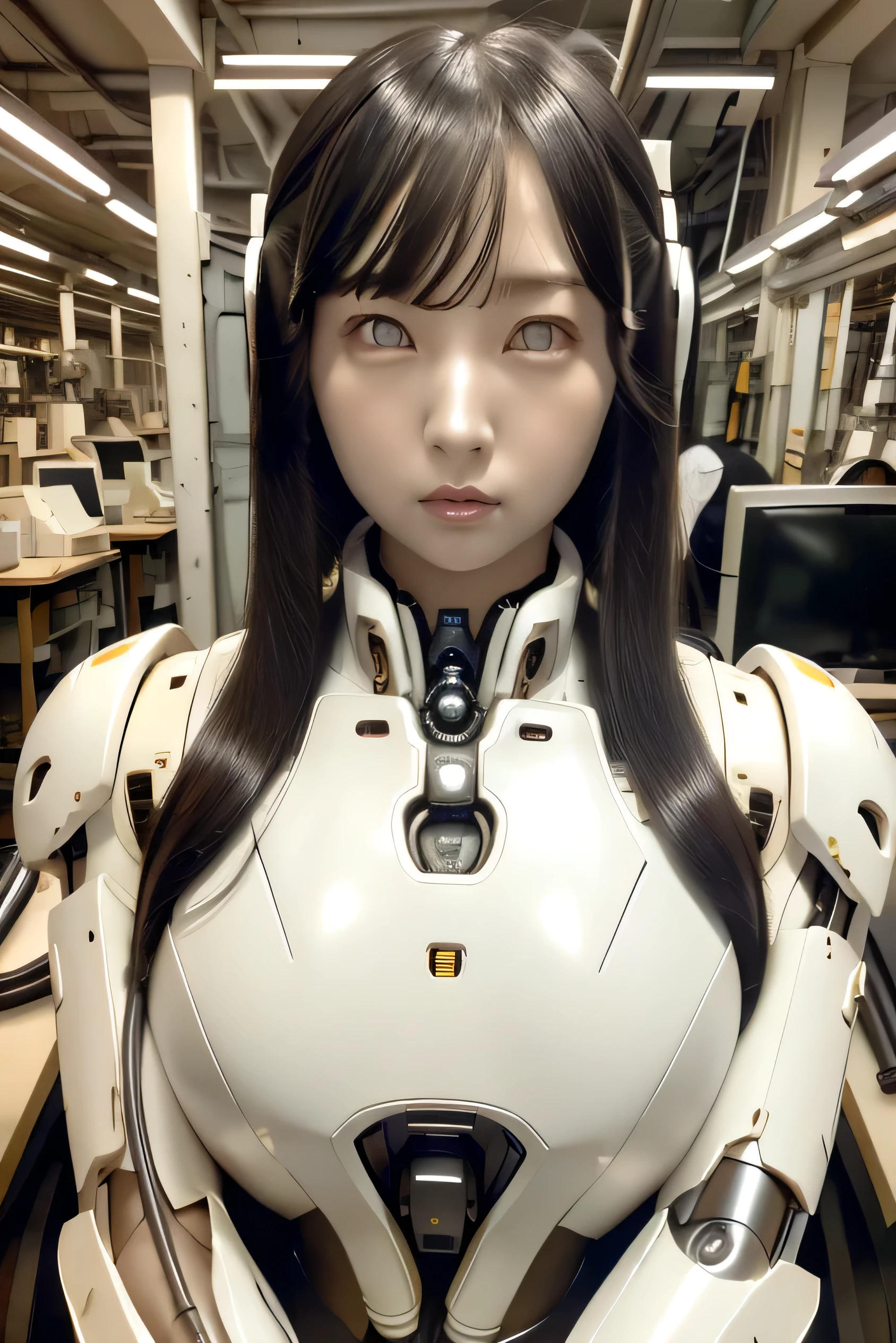 masterpiece, best quality, extremely detailed, Japaese android girl,portrait,Plump,a bit chubby,control panels,android,Droid,Mechanical Hand, Robot arms and legs, Black hair,Blunt bangs,perfect robot girl,long tube,thick cable connected her neck,android,robot,humanoid,cyborg,japanese cyborg girl ,robot-assembly plant,She is assembling now,assembly scene,white eyes,chest monitor,office-lady