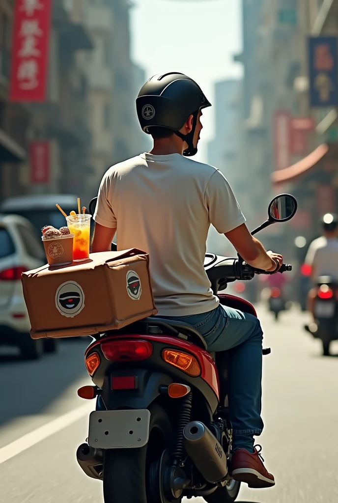 A man driving a motorcycle, grab food rider, has snacks bag and drinks on the side.