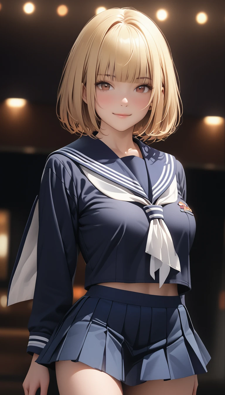 (masterpiece:1.2, Highest quality), (Realistic, photoRealistic:1.4), Beautiful illustrations, (Natural Side Lighting, Cinema Lighting), View your viewers, Cowboy Shot, Front view:0.6, 1 person, Japanese, Junior high school girl, , Perfect Face, cute and symmetrical face, Glowing Skin, (short hair, Bobcut, Blonde), Blunt bangs, Dark brown eyes, Long eyelashes, (Large Breasts:0.5), Beautiful Hair, Beautiful Face, Beautiful attention to detail, Beautiful clavicle, Beautiful body, Beautiful breasts, Beautiful thighs, Beautiful feet, Beautiful fingers, ((Detailed cloth texture, long sleeves navy cute sailor suit, Navy Pleated Skirt, Navy sailor collar, Green sailor scarf)), (Beautiful views), evening, River side, Are standing, (cute, Cute smile, Upward glance, Open your mouth),