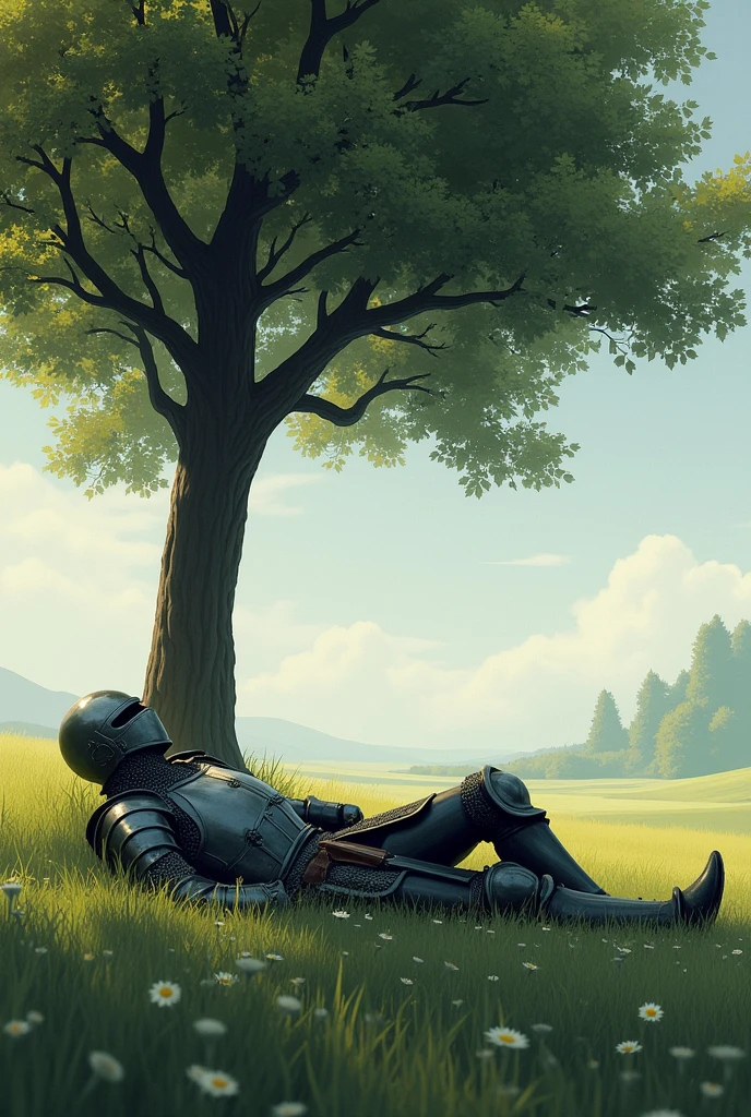 A knight in armor covered his face lying on his back tiredly on a flat, quiet meadow under the shade of a tree., Basically, it is only shaded by one tree and there are no other trees around it. (similar to windows wallpaper)