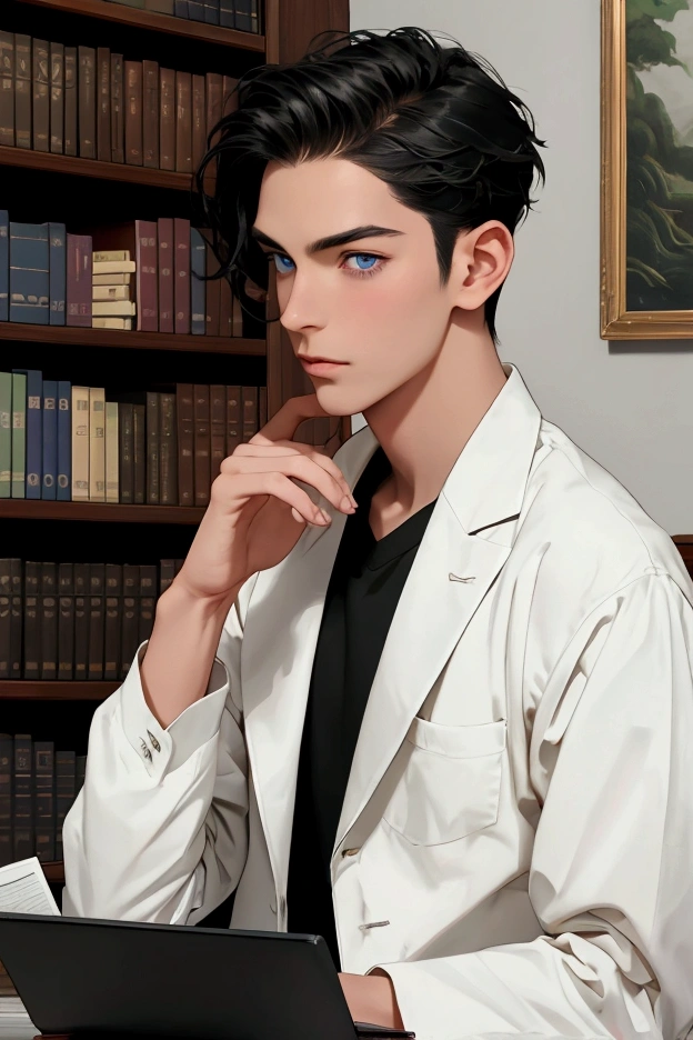 (pose))), (photorealistic photo: 1.3), rim luzing, (high detailed leather:1.2), 8k hd, DSLR, high quality, High resolution, 4k, 8k, bokeh, absurd, (real:1.3), (((Detail on face))), (((body details))), (detail in clothing))), ((detalle en bottom)))
character: Tall Man, good physique, fit, attractive, the most beautiful man, Without beard, long black hair, White skin, blue eyes.
CLOTHES; White coat, White shirt, Black pants.
bottom: Psychiatric hospital, Psychiatrist's Office (black wood desk, laptop, plants, cream walls, shelf with books, paintings. peace, calm)
pose: safe, confident, fun, en calm.