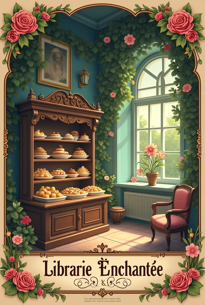 Library with pastries vintage poster with the title Librairie Enchantée no people just the library and pastries 