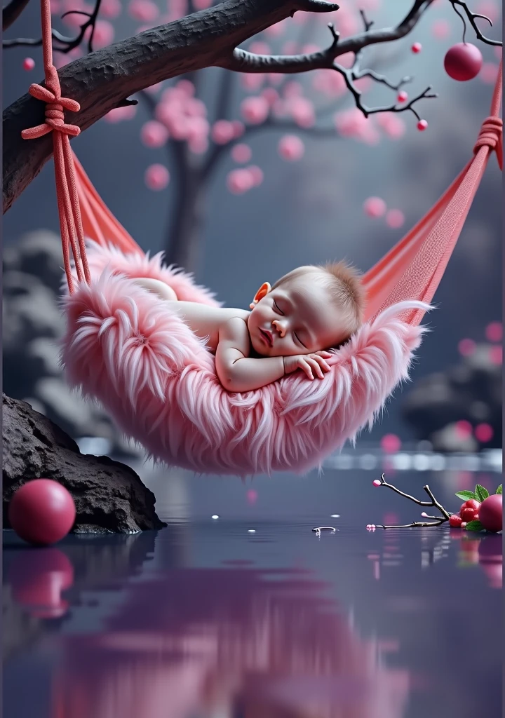 a close up of a  sleeping in a red  with white fur  hammock hanging from a tree branch, a photo inspired by Anne Geddes, shutterstock contest winner, conceptual art, draped in red, violet colored theme, hanging upside down, purple color-theme, hanging from a tree, purple themed, hanging upside down from a tree, violet theme, maternal photography 4 k. water efflaction in grown +